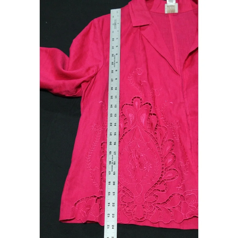 Chico's Size 2 Pink Linen Embroidered Cutwork Jacket Open Front 3/4 Sleeve